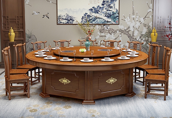 西安转盘大圆桌实木火锅桌椅子组合